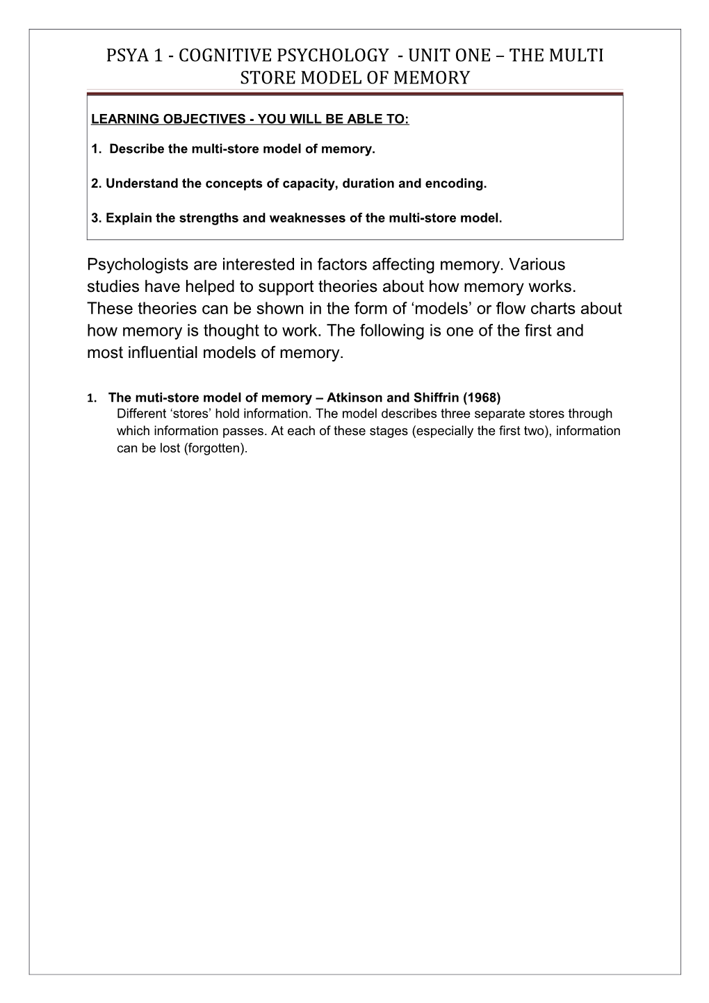 Psya 1 - Cognitive Psychology - Unit One the Multi Store Model of Memory