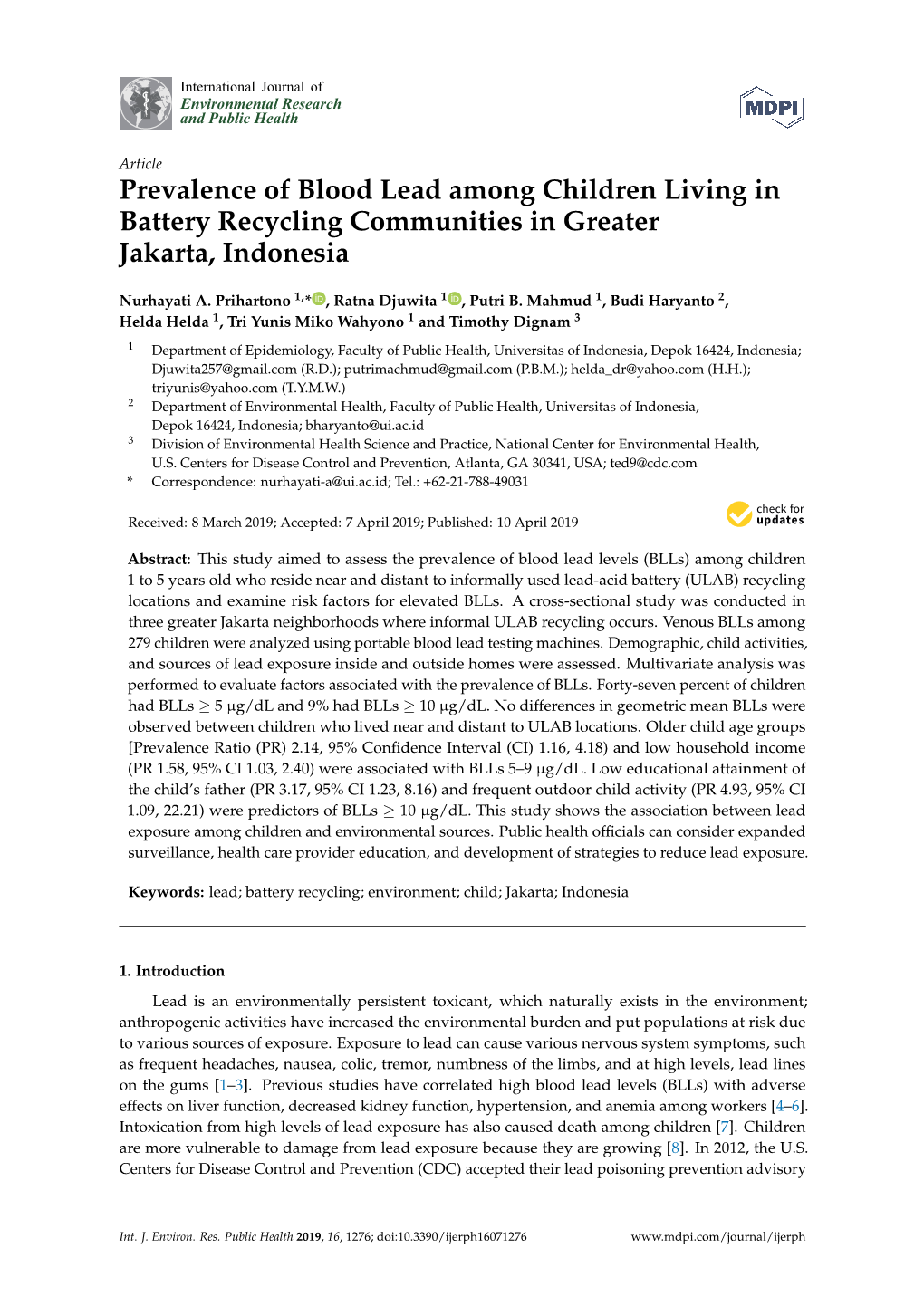 Prevalence of Blood Lead Among Children Living in Battery Recycling Communities in Greater Jakarta, Indonesia