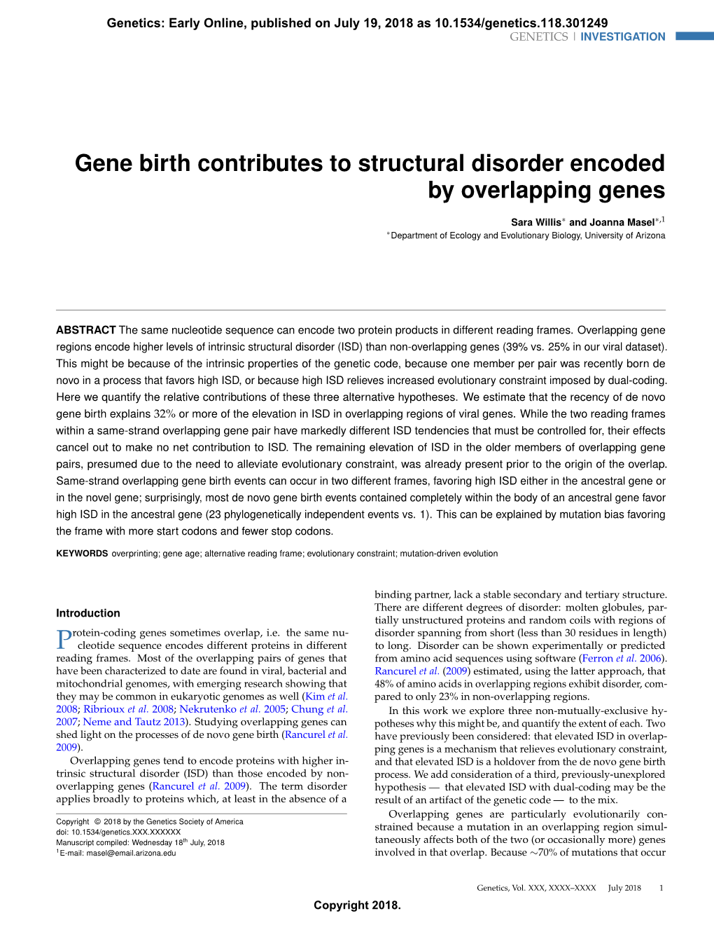 Gene Birth Contributes to Structural Disorder Encoded by Overlapping Genes