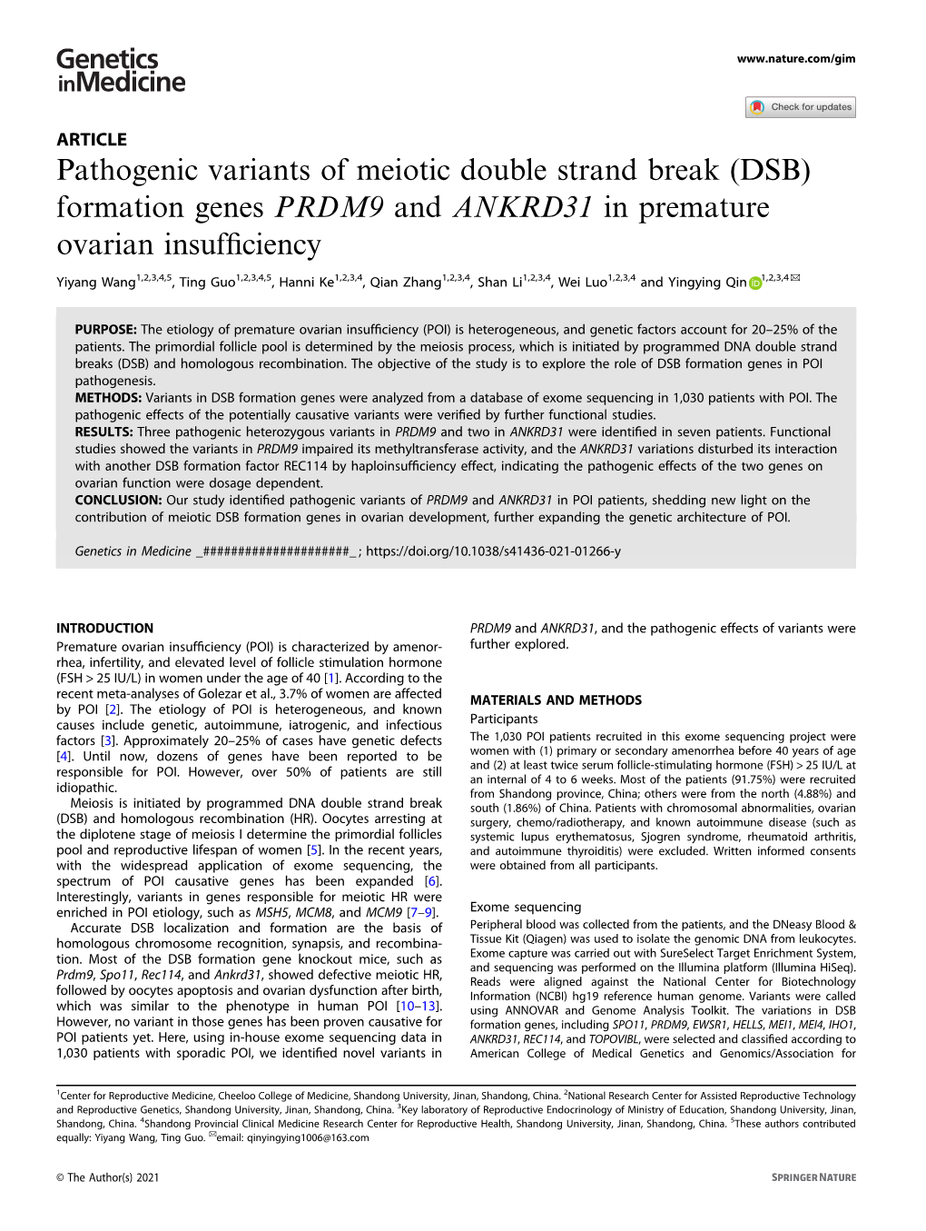 Formation Genes PRDM9 and ANKRD31 in Premature