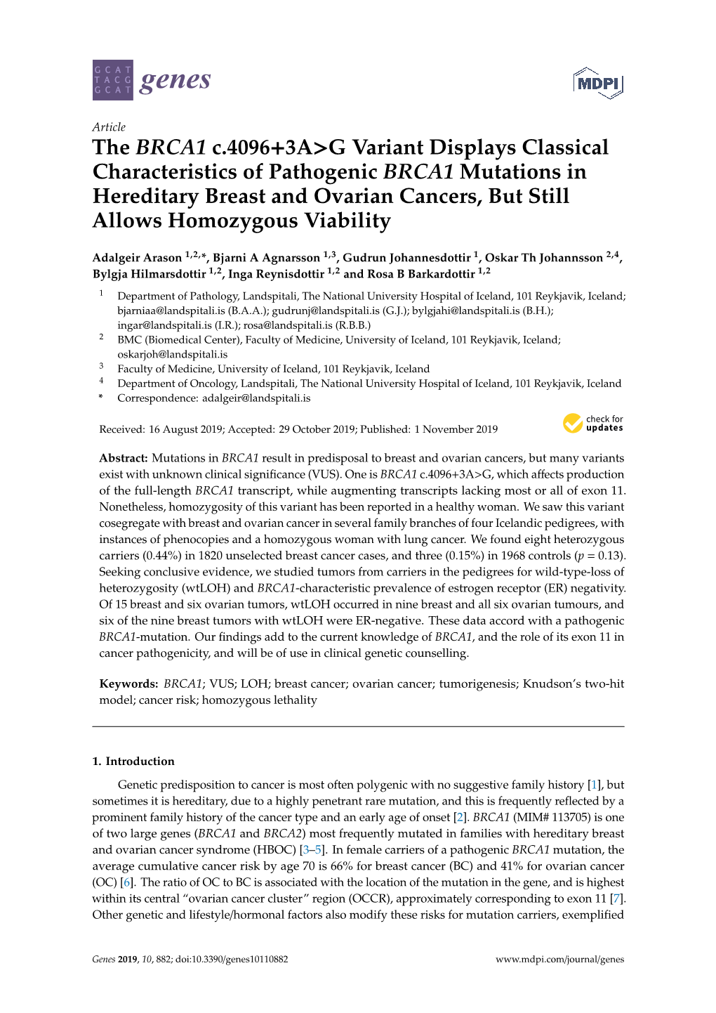 The BRCA1 C.4096 +3A&gt;G Variant Displays Classical Characteristics