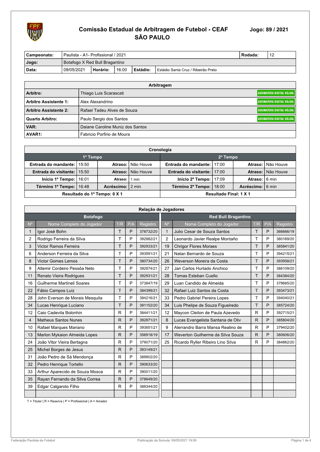 Comissão Estadual De Arbitragem De Futebol - CEAF Jogo: 89 / 2021 SÃO PAULO