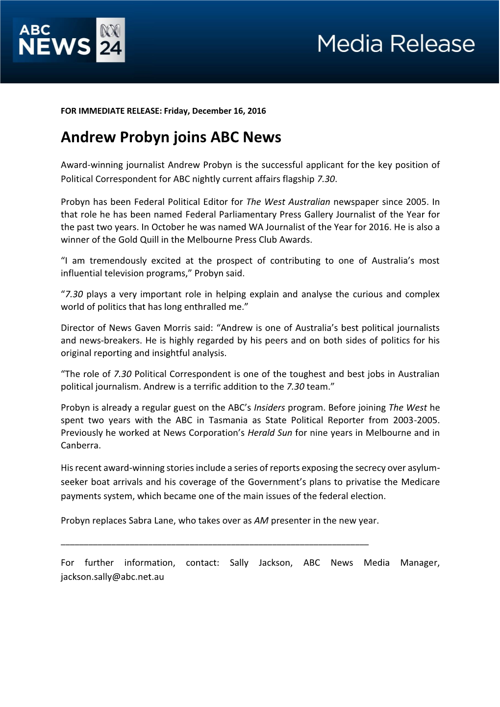 Andrew Probyn Joins ABC News