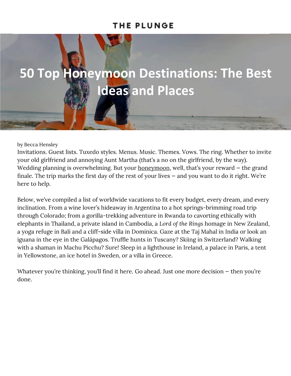 50 Top Honeymoon Destinations: the Best