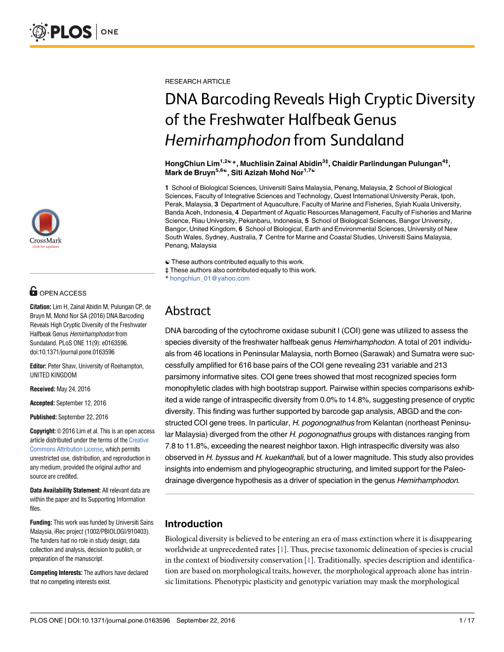 DNA Barcoding Reveals High Cryptic Diversity of the Freshwater Halfbeak Genus Hemirhamphodon from Sundaland