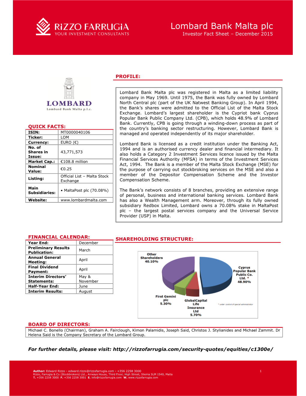 Lombard Bank Malta Plc Investor Fact Sheet – December 2015