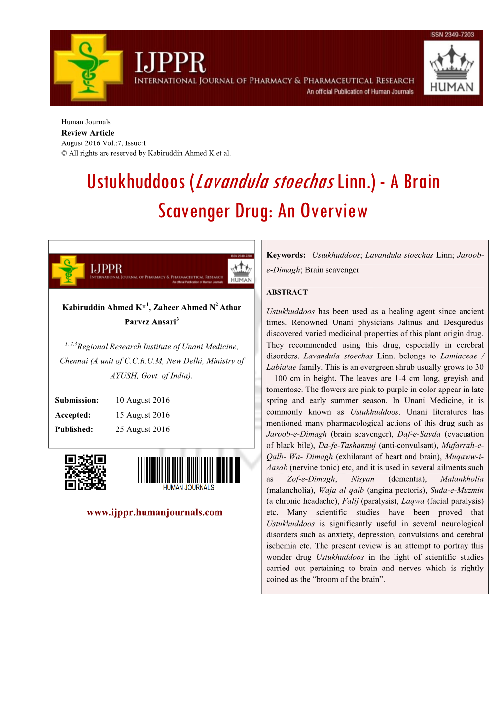 Ustukhuddoos (Lavandula Stoechas Linn.) - a Brain Scavenger Drug: an Overview