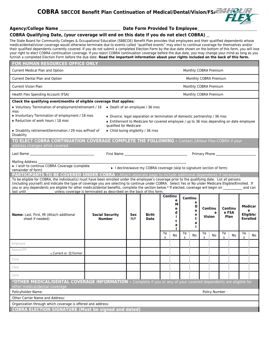 COBRA SBCCOE Benefit Plan Continuation of Medical/Dental Election Form