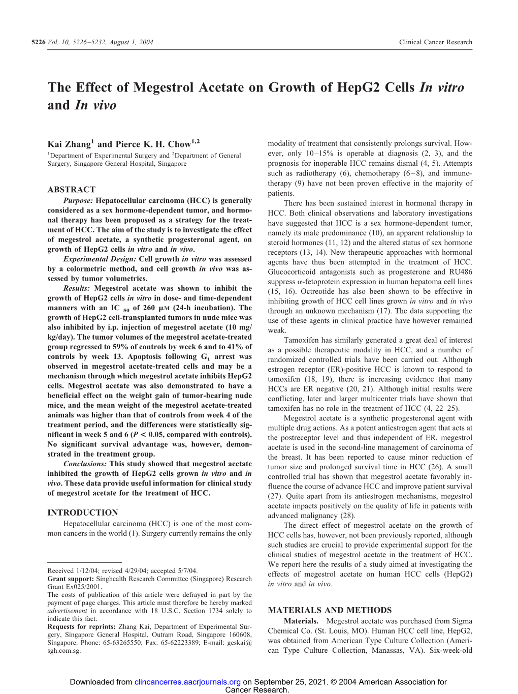 The Effect of Megestrol Acetate on Growth of Hepg2 Cells in Vitro and in Vivo