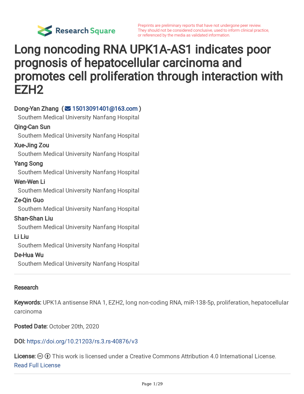 Long Noncoding RNA UPK1A-AS1 Indicates Poor Prognosis of Hepatocellular Carcinoma and Promotes Cell Proliferation Through Interaction with EZH2