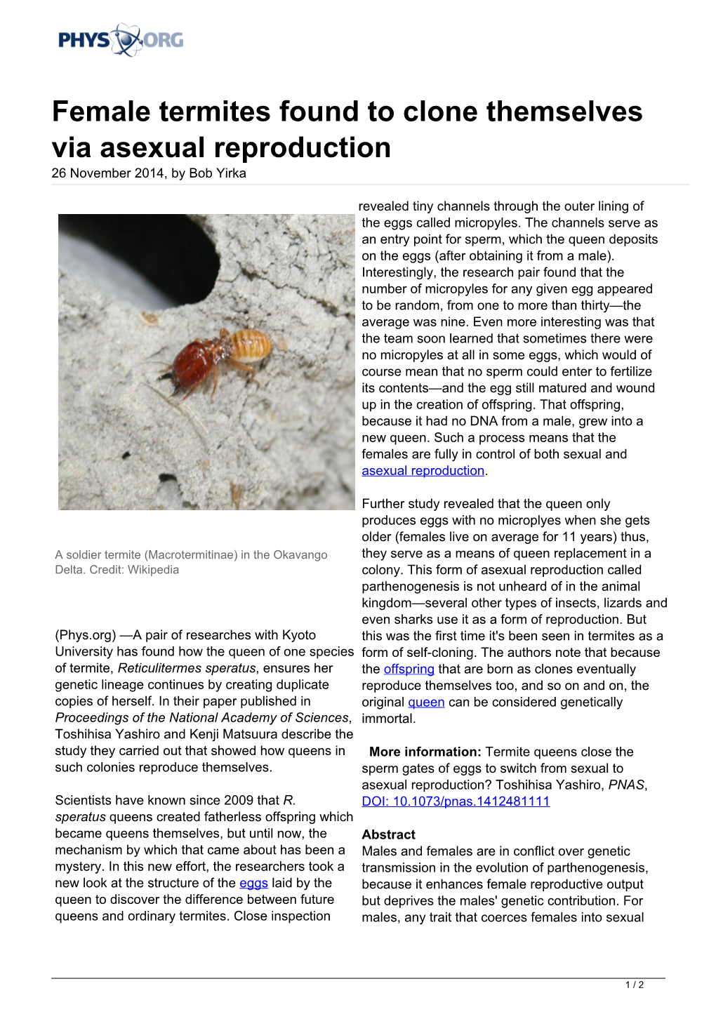 Female Termites Found to Clone Themselves Via Asexual Reproduction 26 November 2014, by Bob Yirka