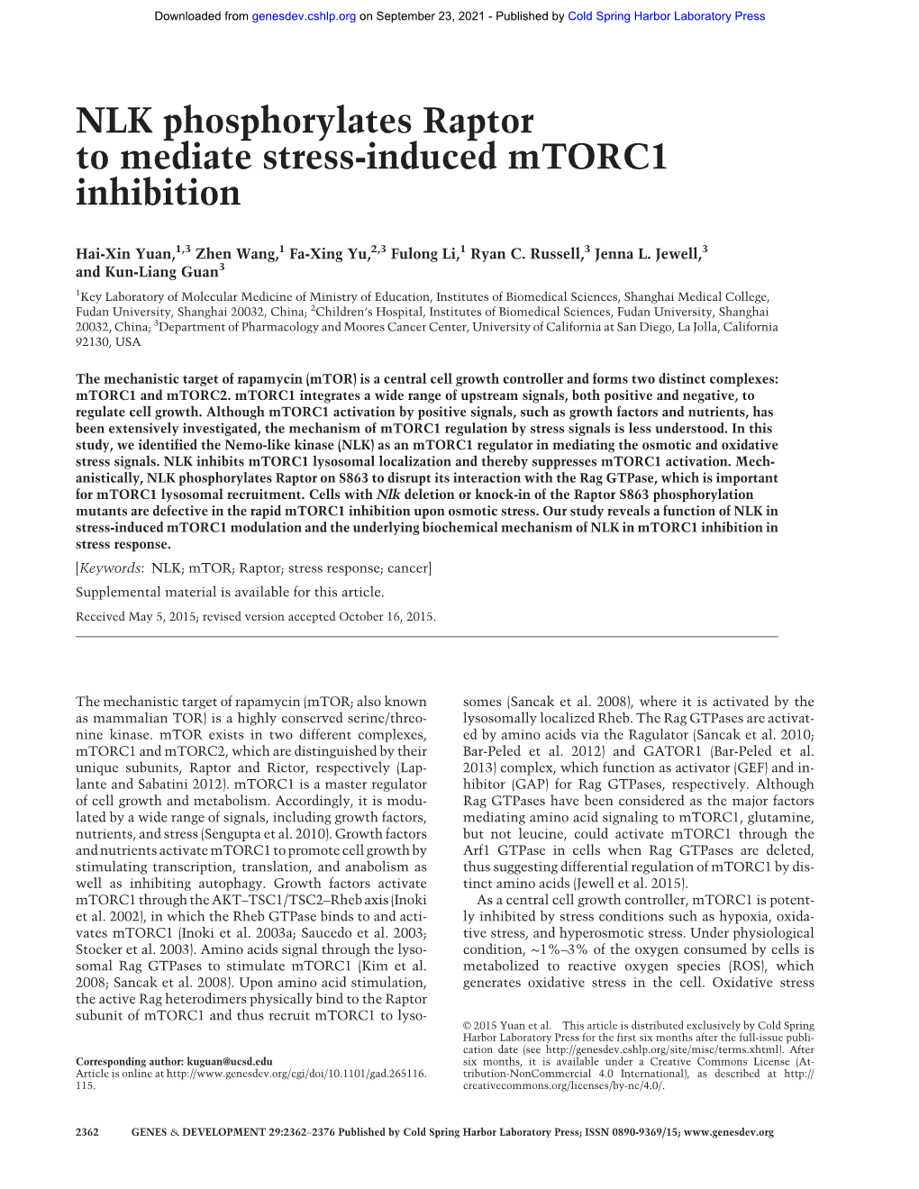 NLK Phosphorylates Raptor to Mediate Stress-Induced Mtorc1 Inhibition