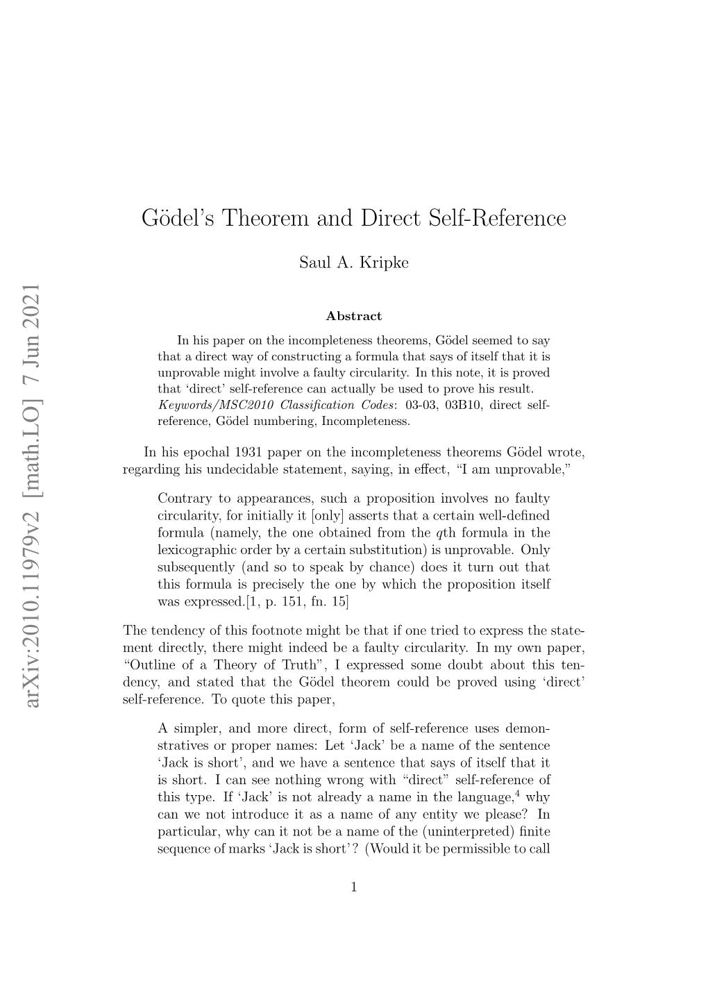 7 Jun 2021 Gödel's Theorem and Direct Self-Reference