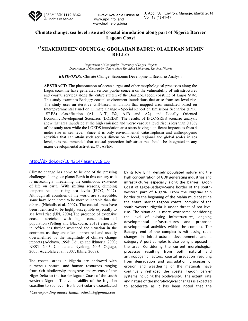 Climate Change, Sea Level Rise and Coastal Inundation Along Part of Nigeria Barrier Lagoon Coast