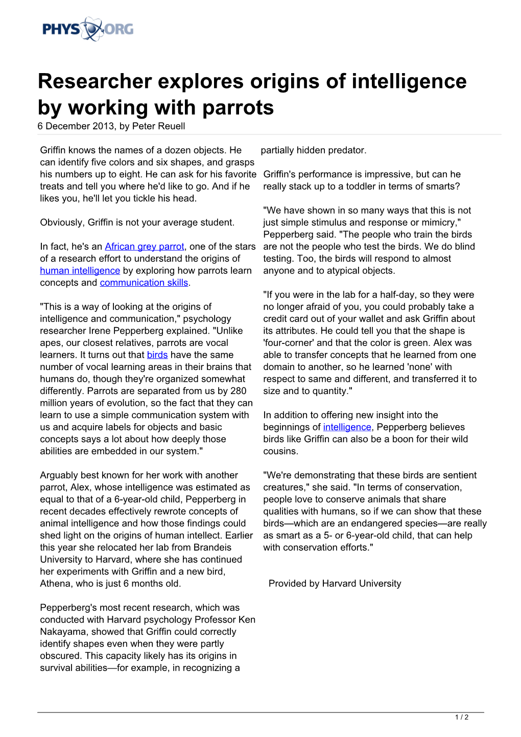 Researcher Explores Origins of Intelligence by Working with Parrots 6 December 2013, by Peter Reuell