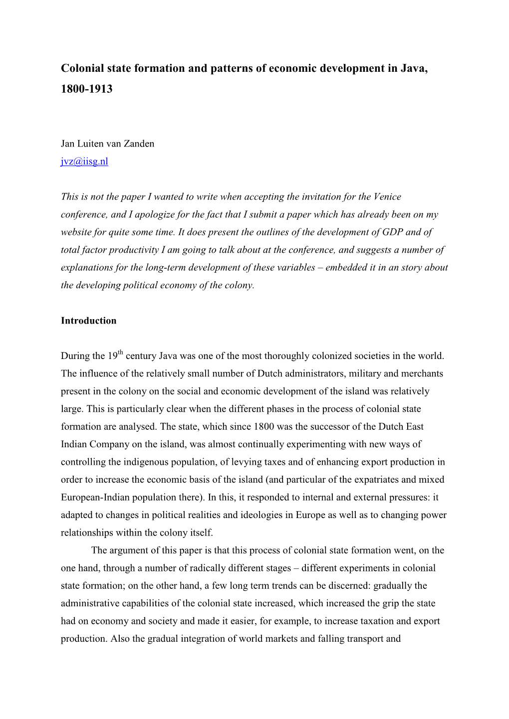 Colonial State Formation and Patterns of Economic Development in Java 1800-1913