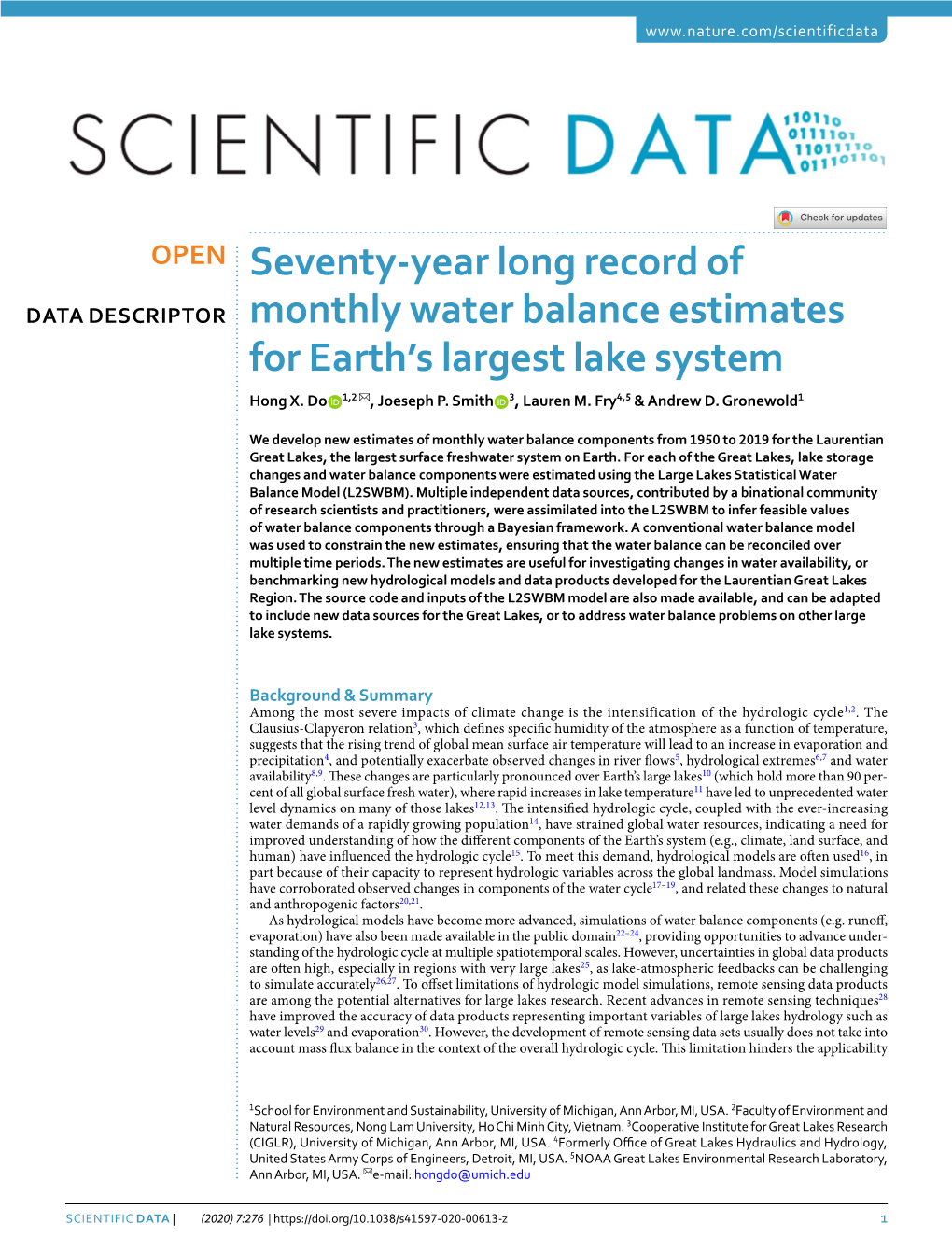 Seventy-Year Long Record of Monthly Water Balance Estimates for Earth's