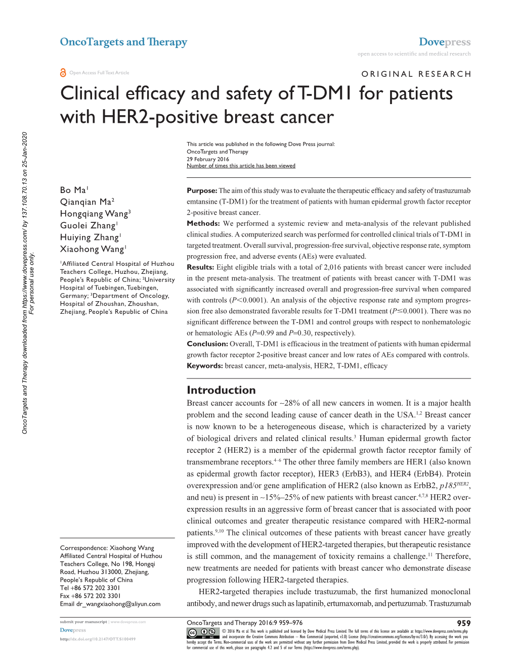Clinical Efficacy and Safety of T-DM1 for Patients with HER2-Positive Breast Cancer