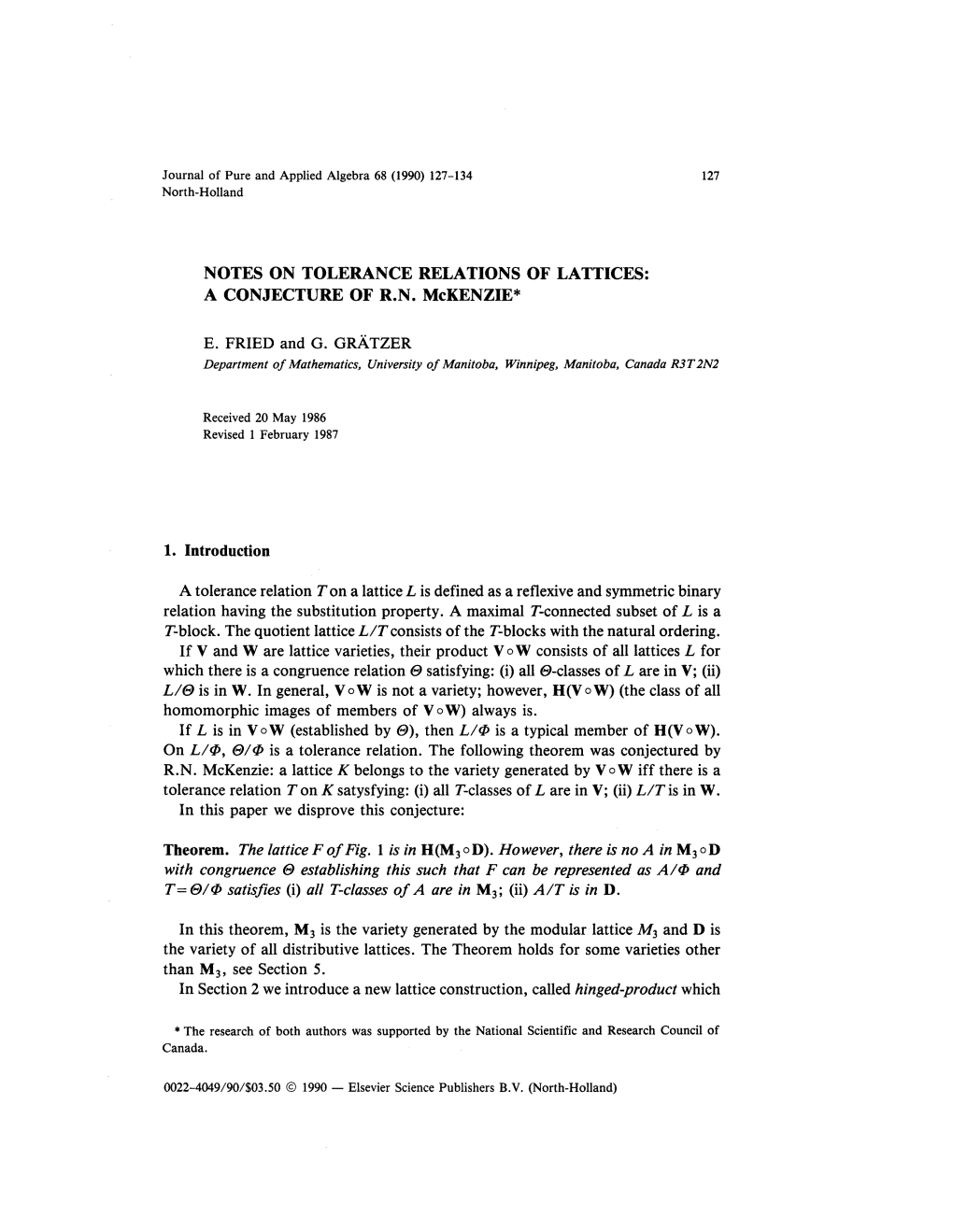 Notes on Tolerance Relations of Lattices: a Conjecture of R.N