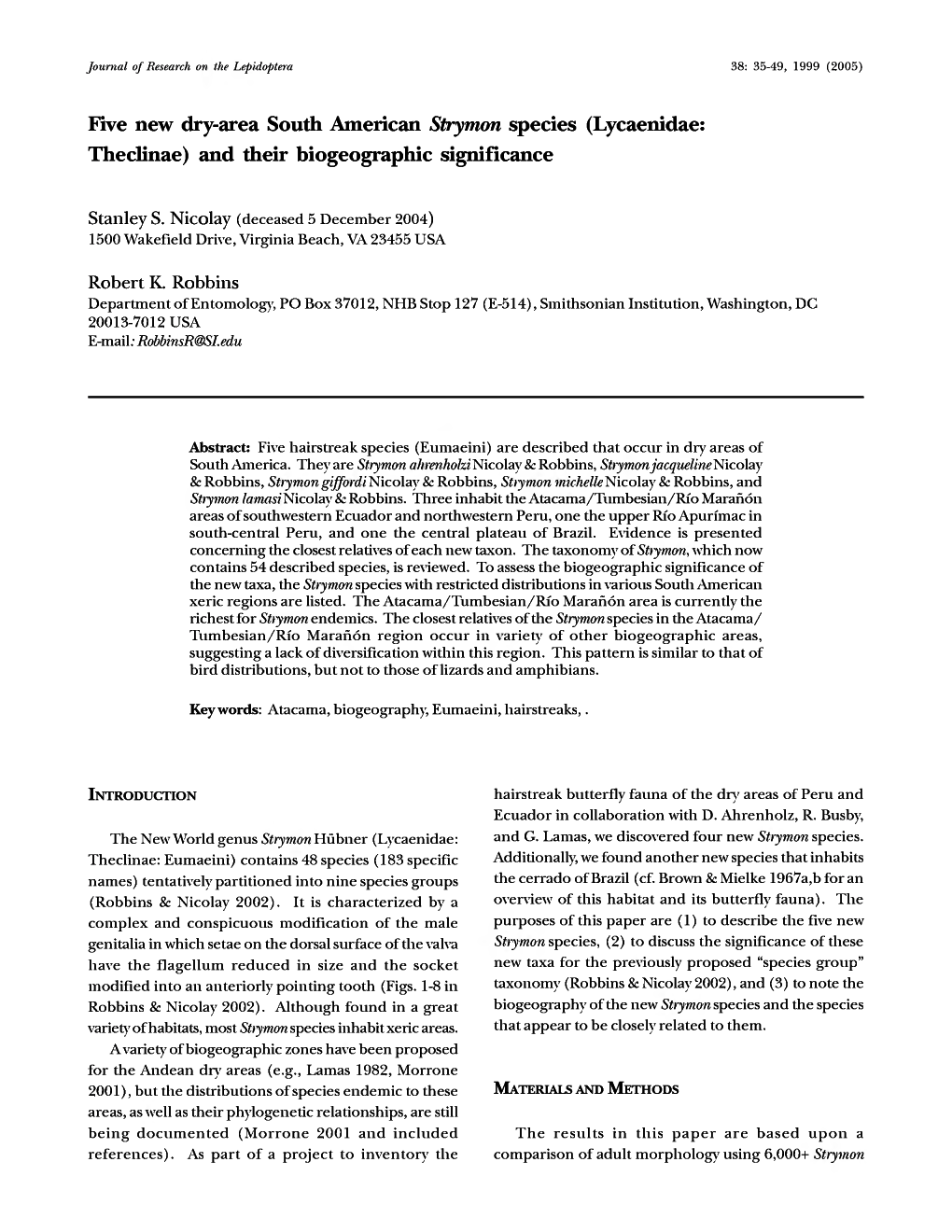 Five New Dry-Area South American Strymon Species (Lycaenidae: Theclinae) and Their Biogeographic Significance