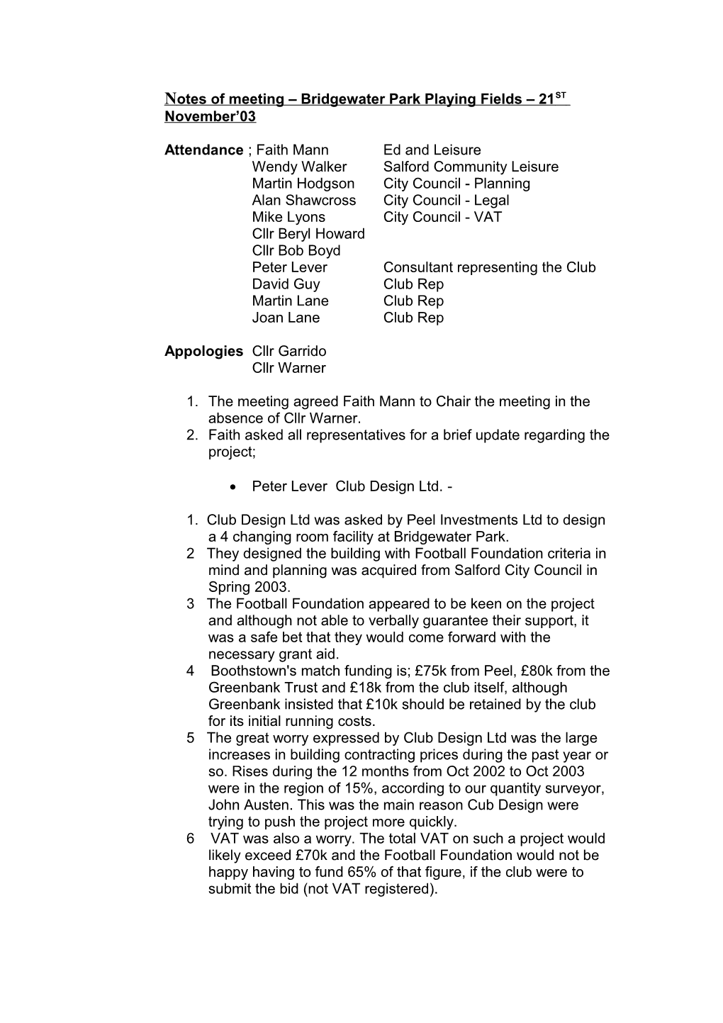 Notes of Meeting Bridgewater Park Playing Fields 21ST November 03