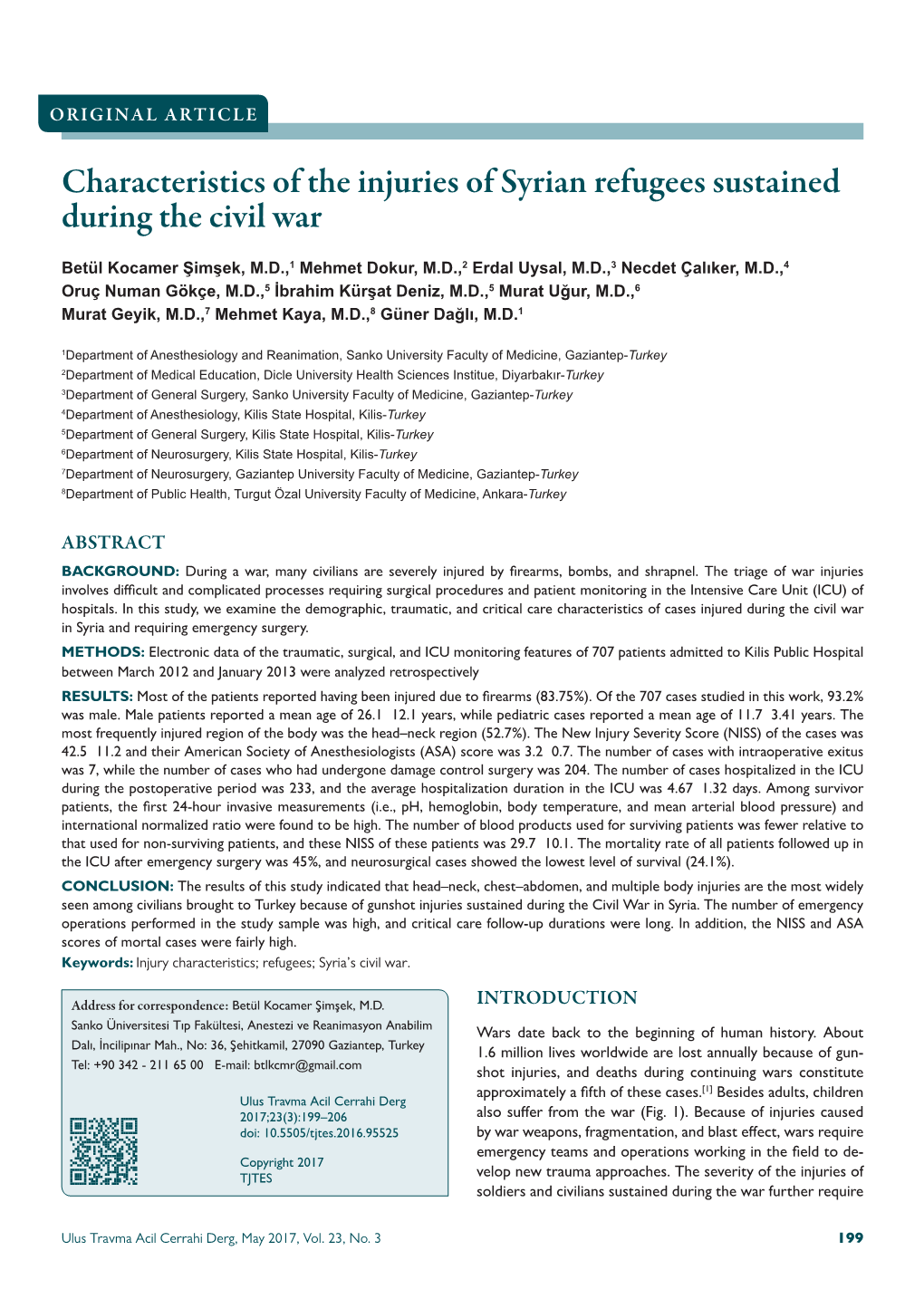 Characteristics of the Injuries of Syrian Refugees Sustained During the Civil War