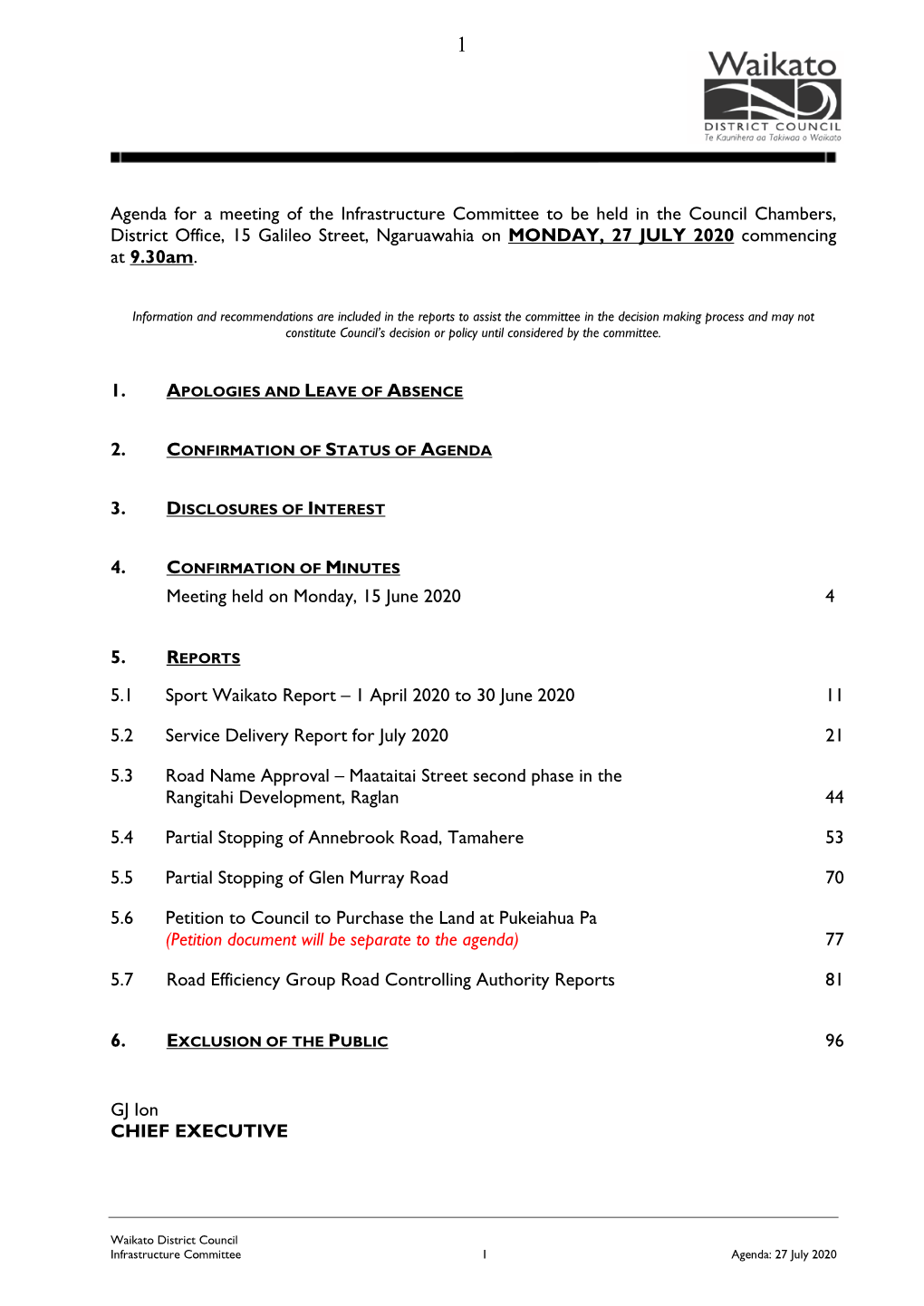 Agenda for a Meeting of the Infrastructure Committee to Be Held