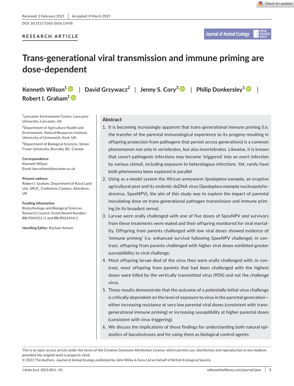 Generational Viral Transmission and Immune Priming Are Dose-­Dependent