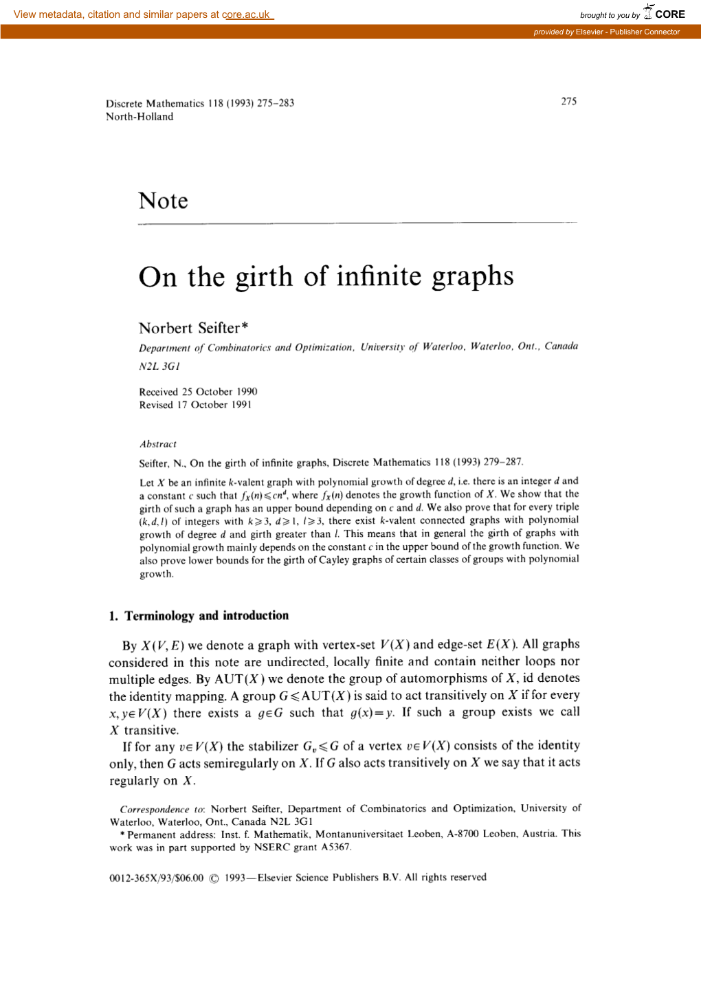 On the Girth of Infinite Graphs