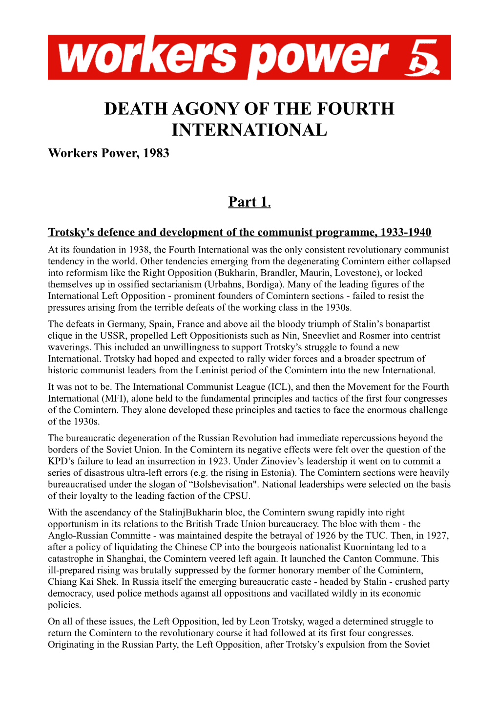 DEATH AGONY of the FOURTH INTERNATIONAL Workers Power, 1983