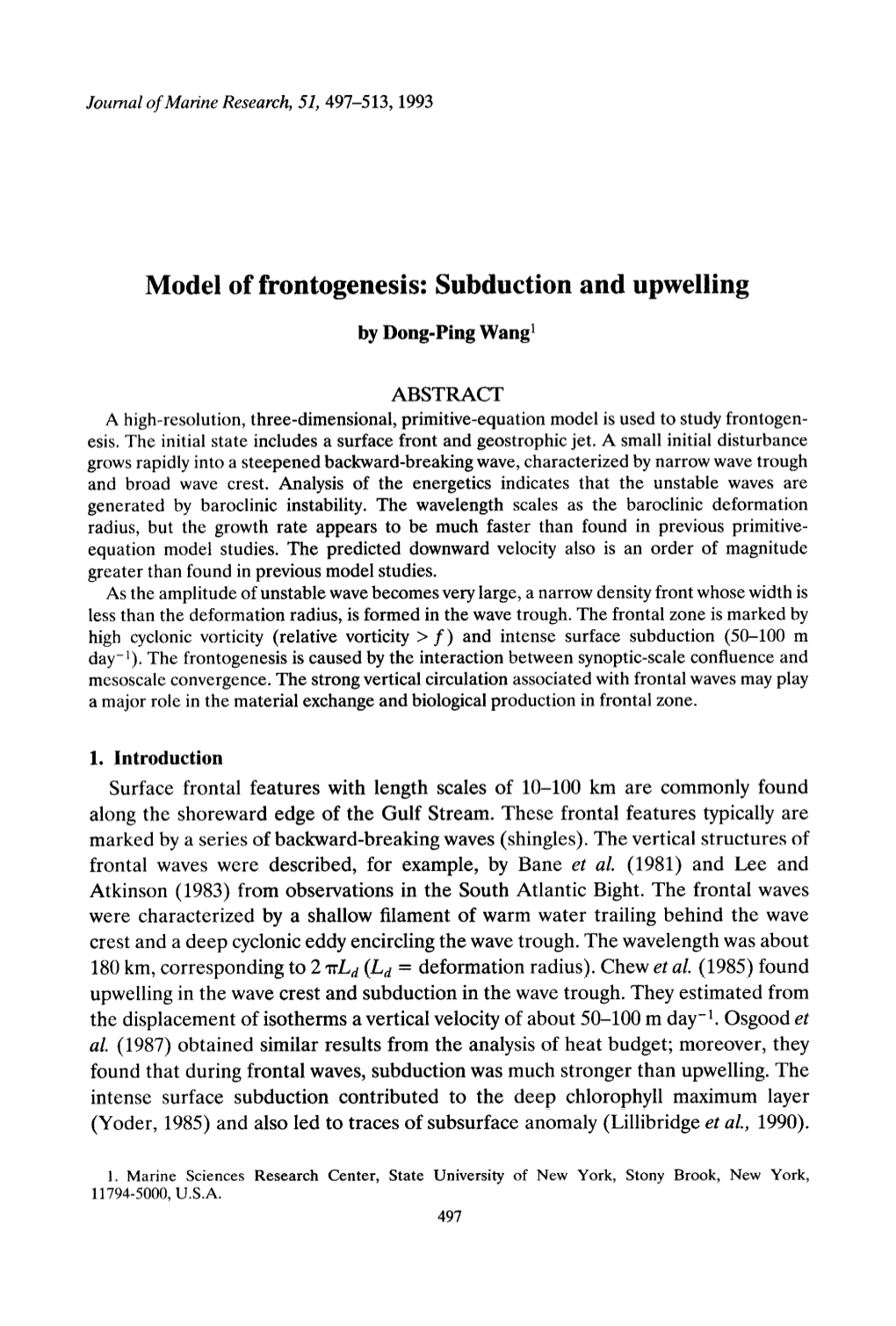 Model of Frontogenesis: Subduction and Upwelling