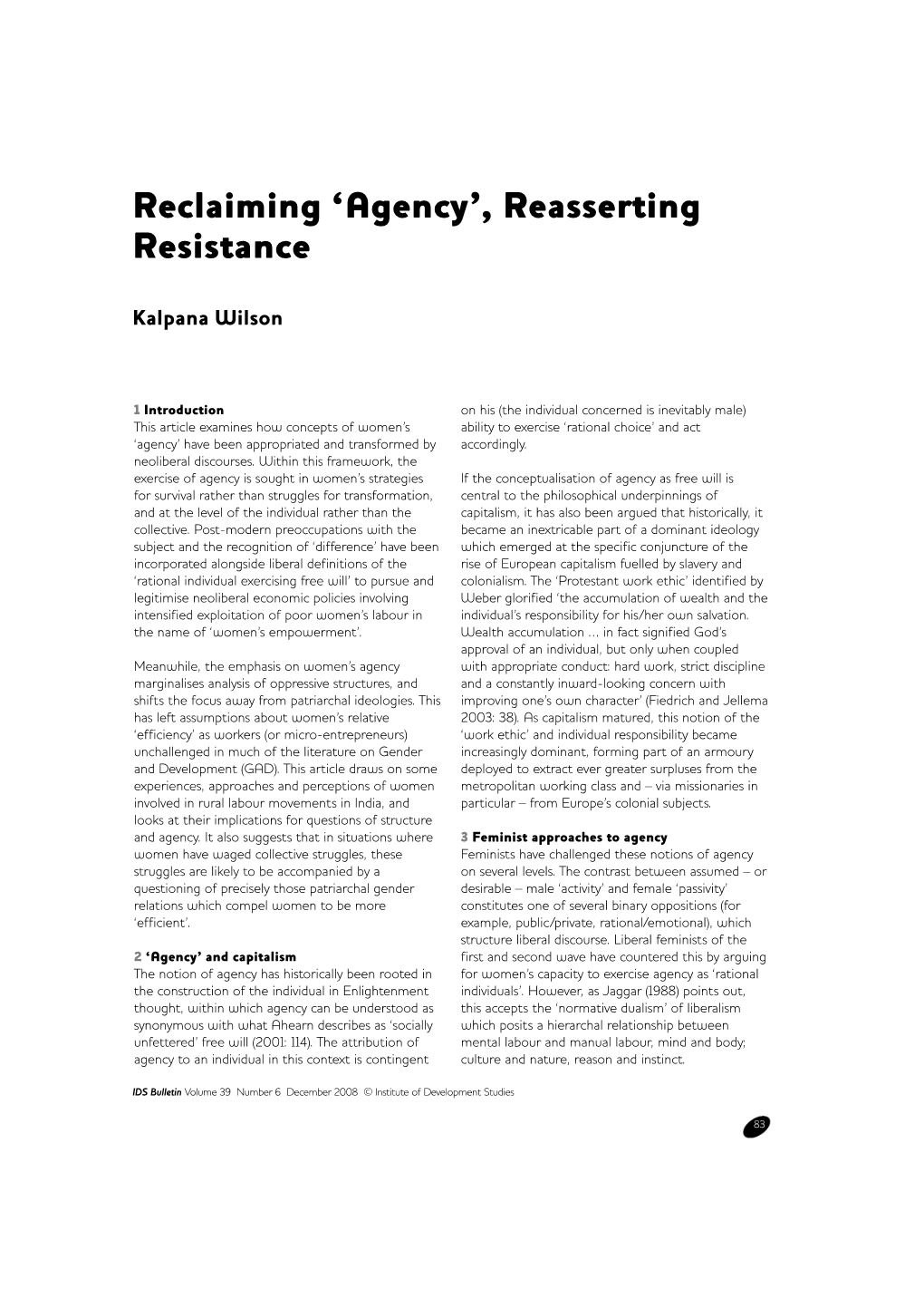 Agency’, Reasserting Resistance