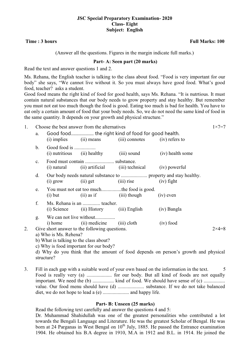 JSC Special Preparatory Examination- 2020 Class- Eight Subject: English