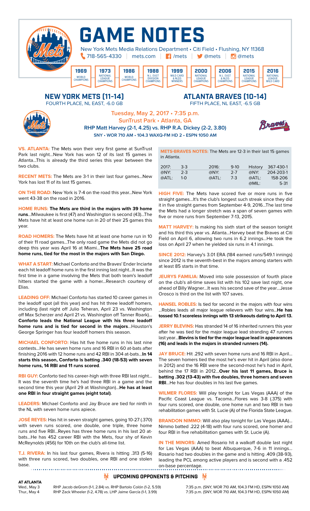 GAME NOTES New York Mets Media Relations Department • Citi Field • Flushing, NY 11368 718-565-4330 | Mets.Com | /Mets | @Mets | @Mets