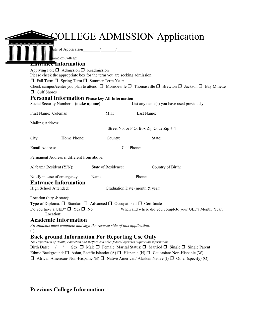 COLLEGE ADMISSION Application