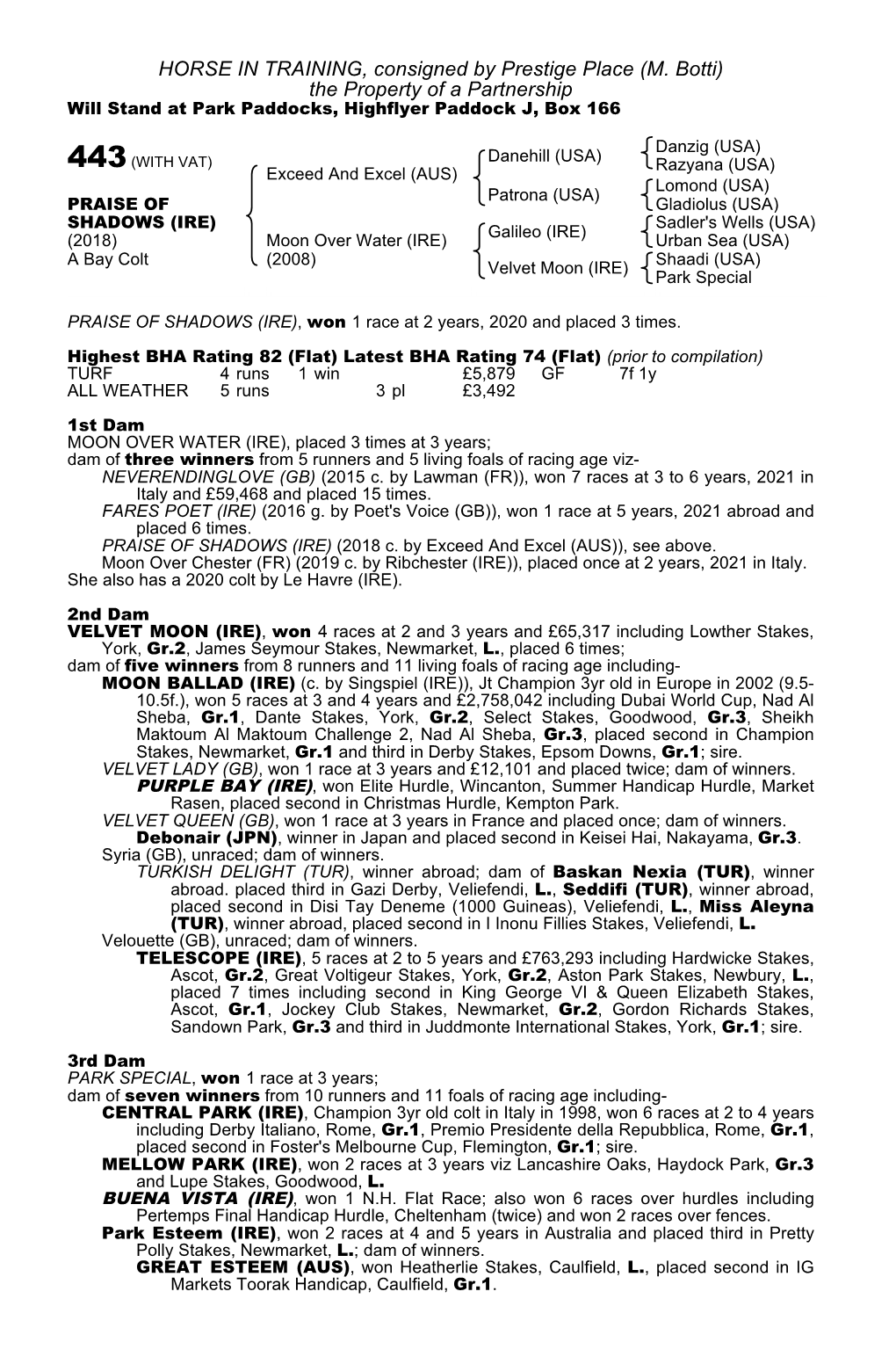 HORSE in TRAINING, Consigned by Prestige Place (M. Botti) the Property of a Partnership Will Stand at Park Paddocks, Highflyer Paddock J, Box 166