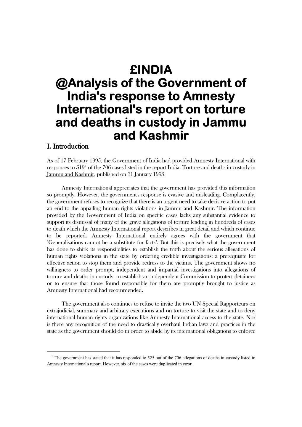 INDIA @Analysis of the Government of India's Response to Amnesty International's Report on Torture and Deaths in Custody in Jammu and Kashmir I