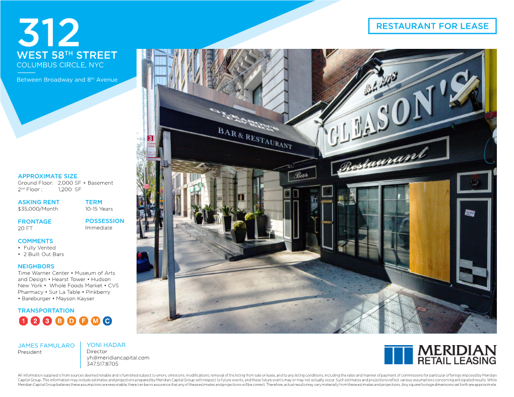 WEST 58TH STREET COLUMBUS CIRCLE, NYC | Between Broadway & 8Th Avenue RESTAURANT for LEASE INTERIOR