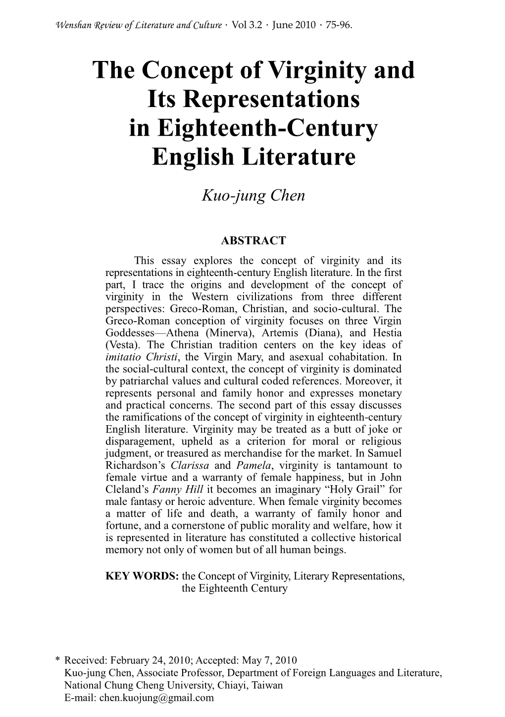 The Concept of Virginity and Its Representations in Eighteenth-Century English Literature