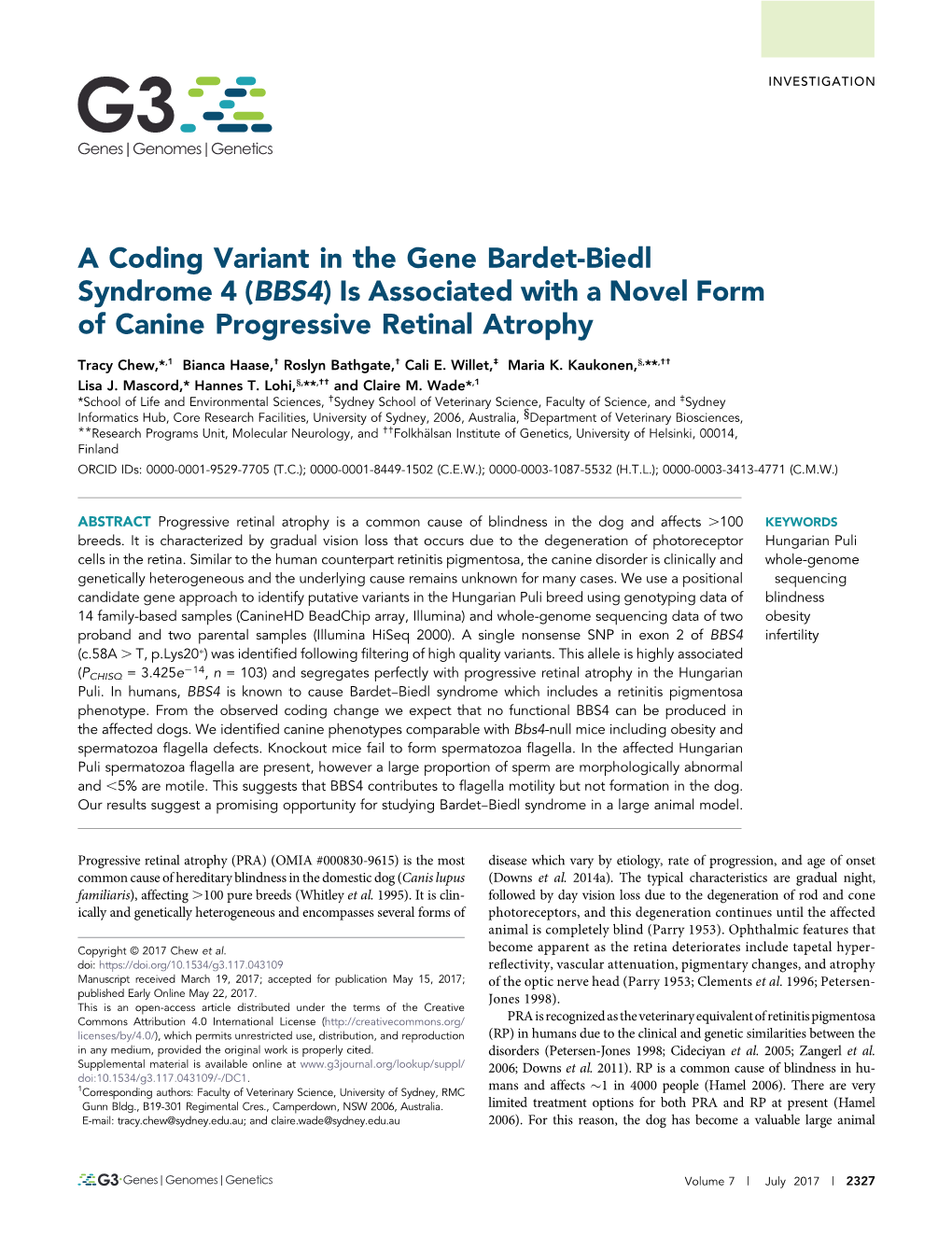 A Coding Variant in the Gene Bardet-Biedl Syndrome 4 (BBS4) Is Associated with a Novel Form of Canine Progressive Retinal Atrophy
