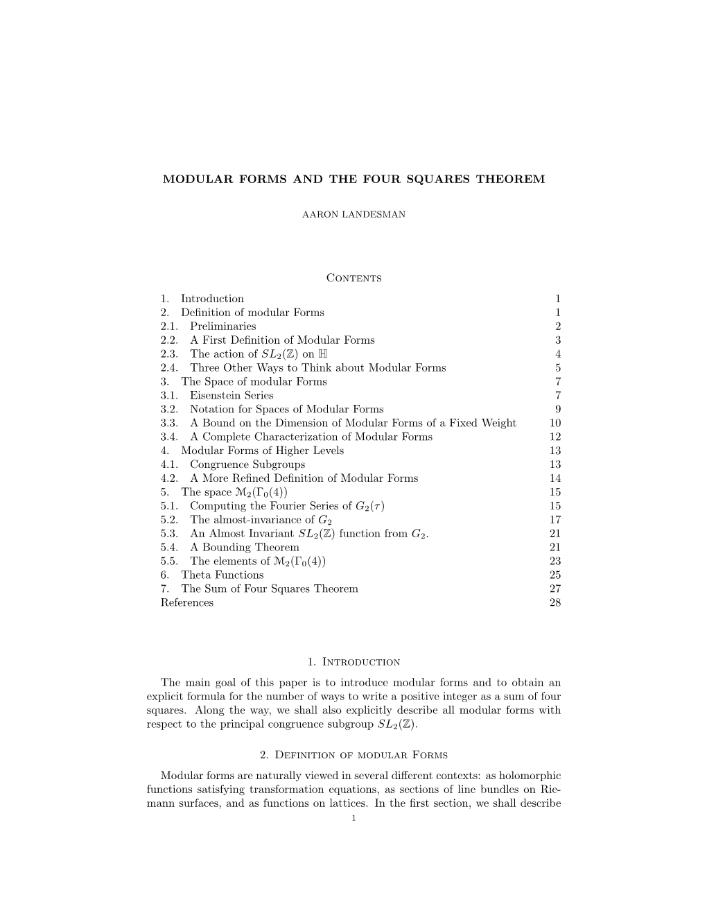 MODULAR FORMS and the FOUR SQUARES THEOREM Contents 1