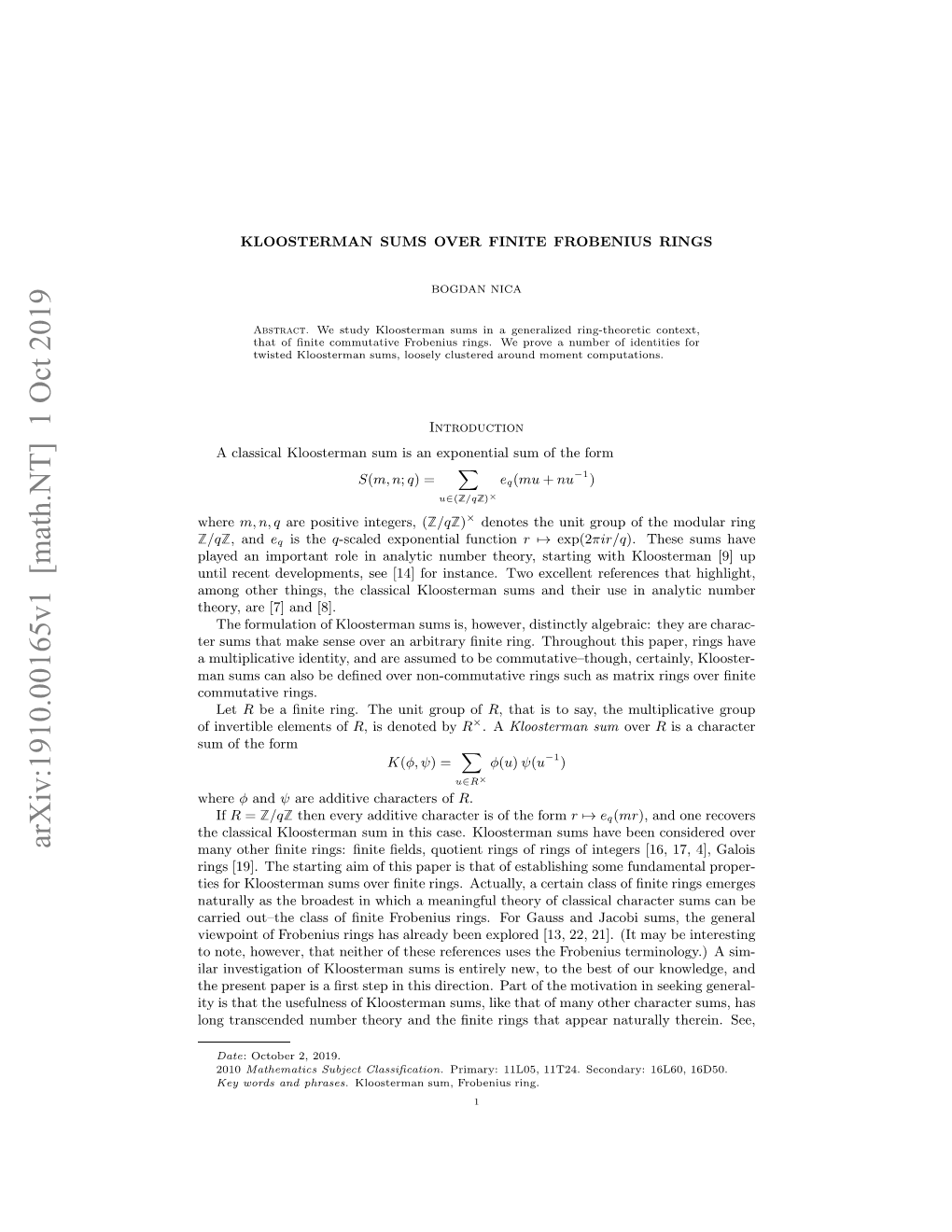 Kloosterman Sums Over Finite Frobenius Rings 3