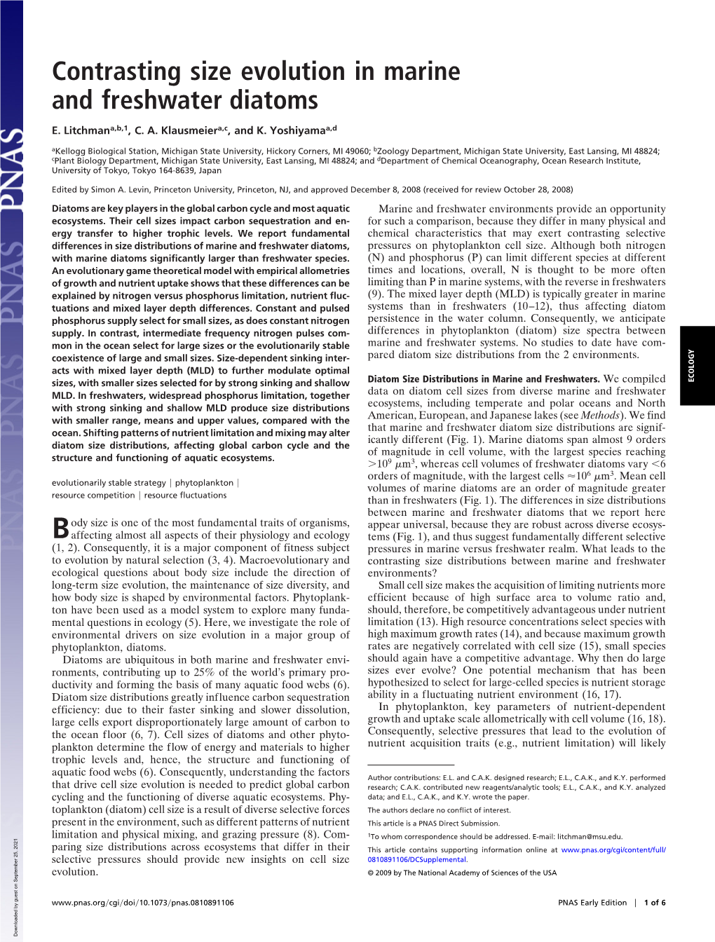 Contrasting Size Evolution in Marine and Freshwater Diatoms