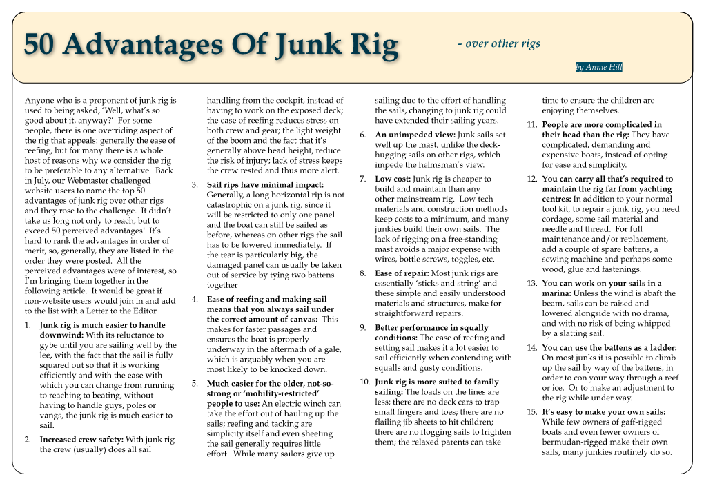 50 Advantages of Junk Rig - Over Other Rigs by Annie Hill