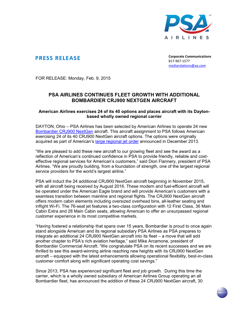 Psa Airlines Continues Fleet Growth with Additional Bombardier Crj900 Nextgen Aircraft