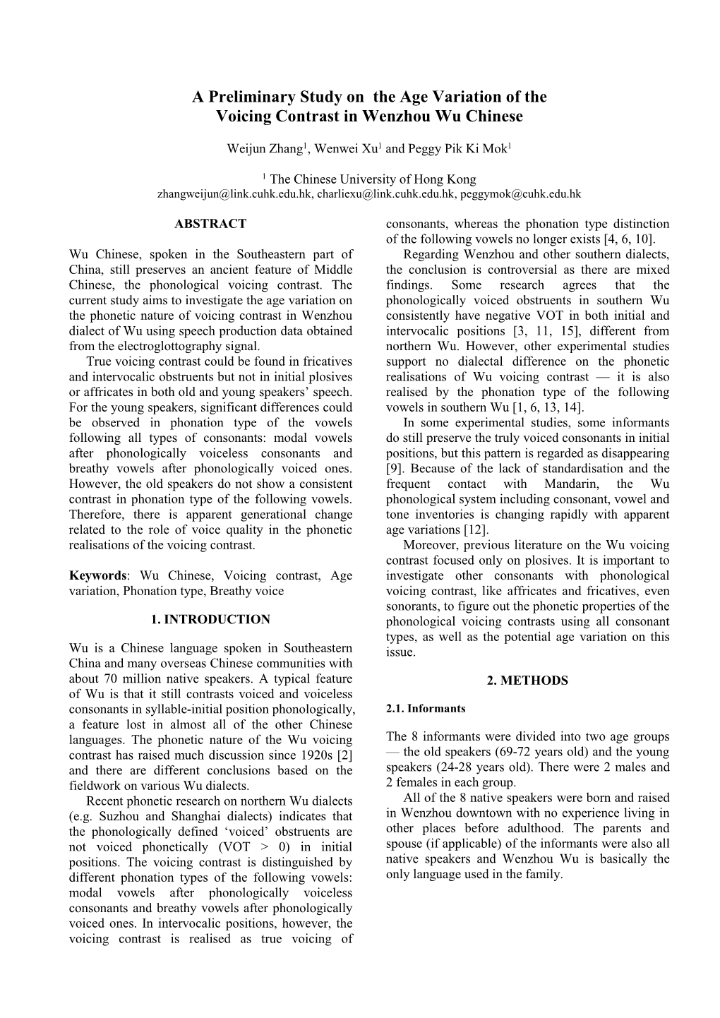 A Preliminary Study on the Age Variation of the Voicing Contrast in Wenzhou Wu Chinese