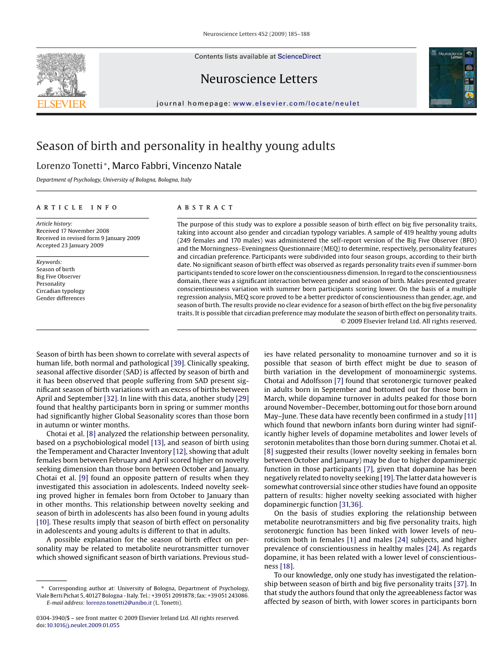 Neuroscience Letters Season of Birth and Personality in Healthy Young