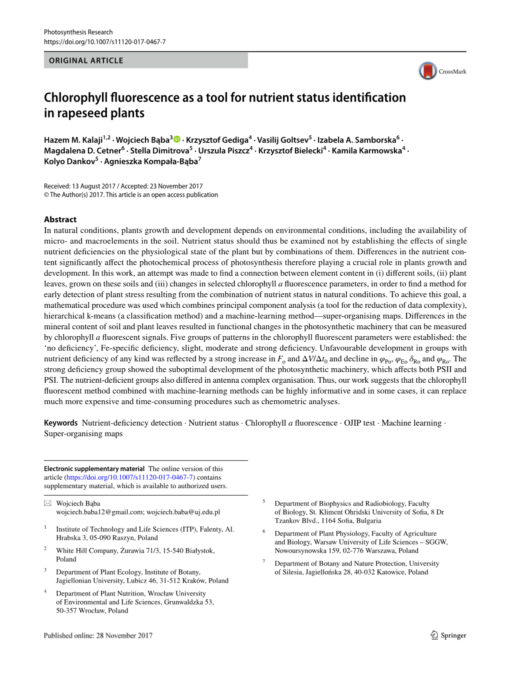 Chlorophyll Fluorescence As a Tool for Nutrient Status Identification in Rapeseed Plants