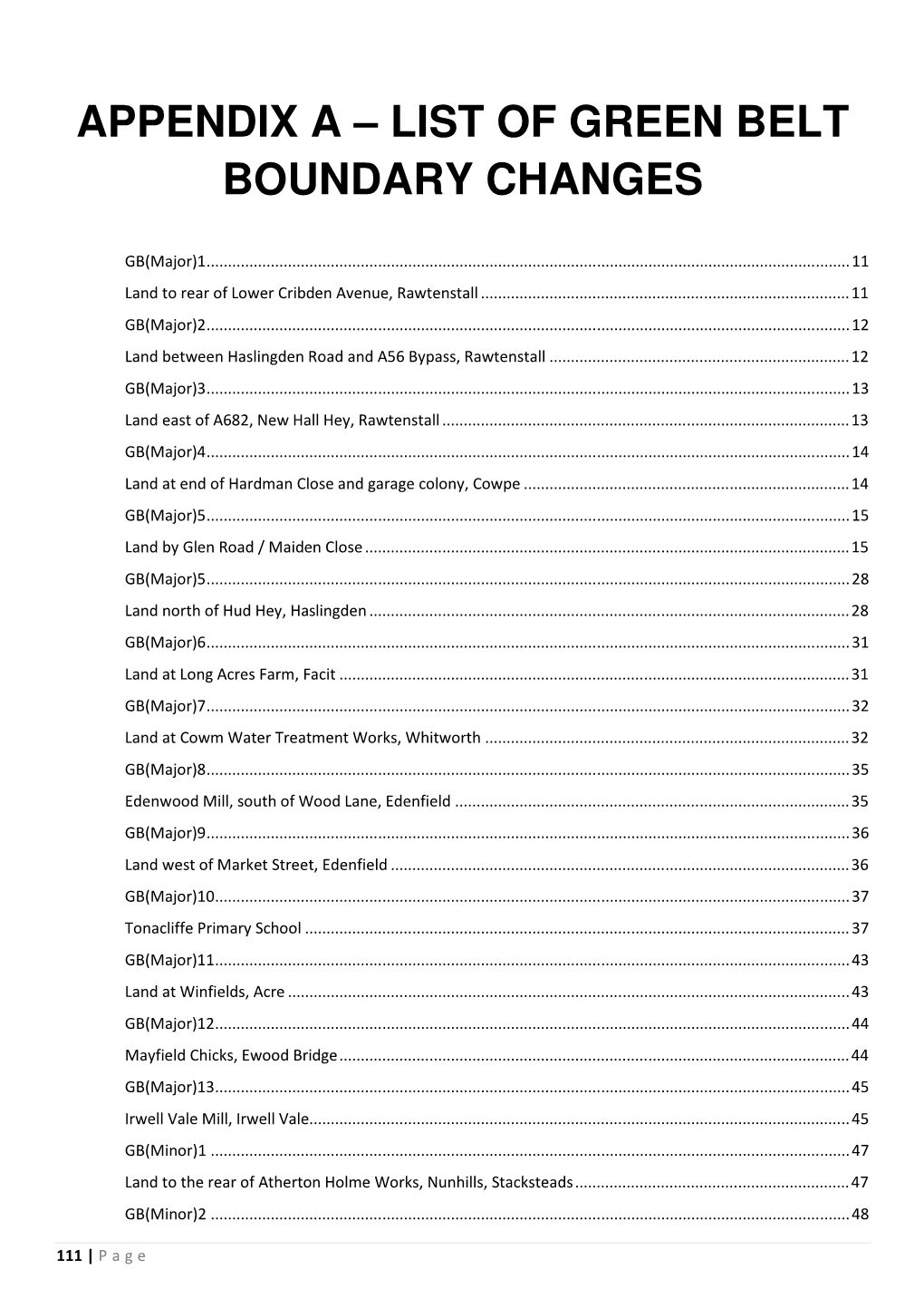 Appendix a – List of Green Belt Boundary Changes