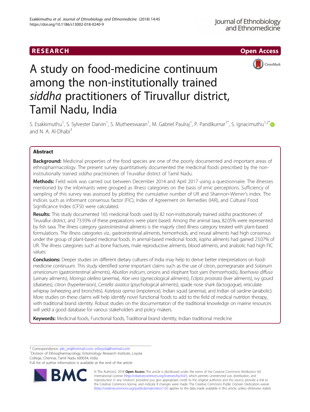 A Study on Food-Medicine Continuum Among the Non-Institutionally Trained Siddha Practitioners of Tiruvallur District, Tamil Nadu, India S